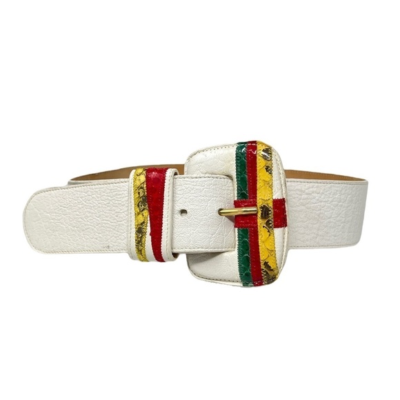 Vintage Carlos Falchi White Calfskin Leather Wide Belt w/ Snakeskin Design main image 8